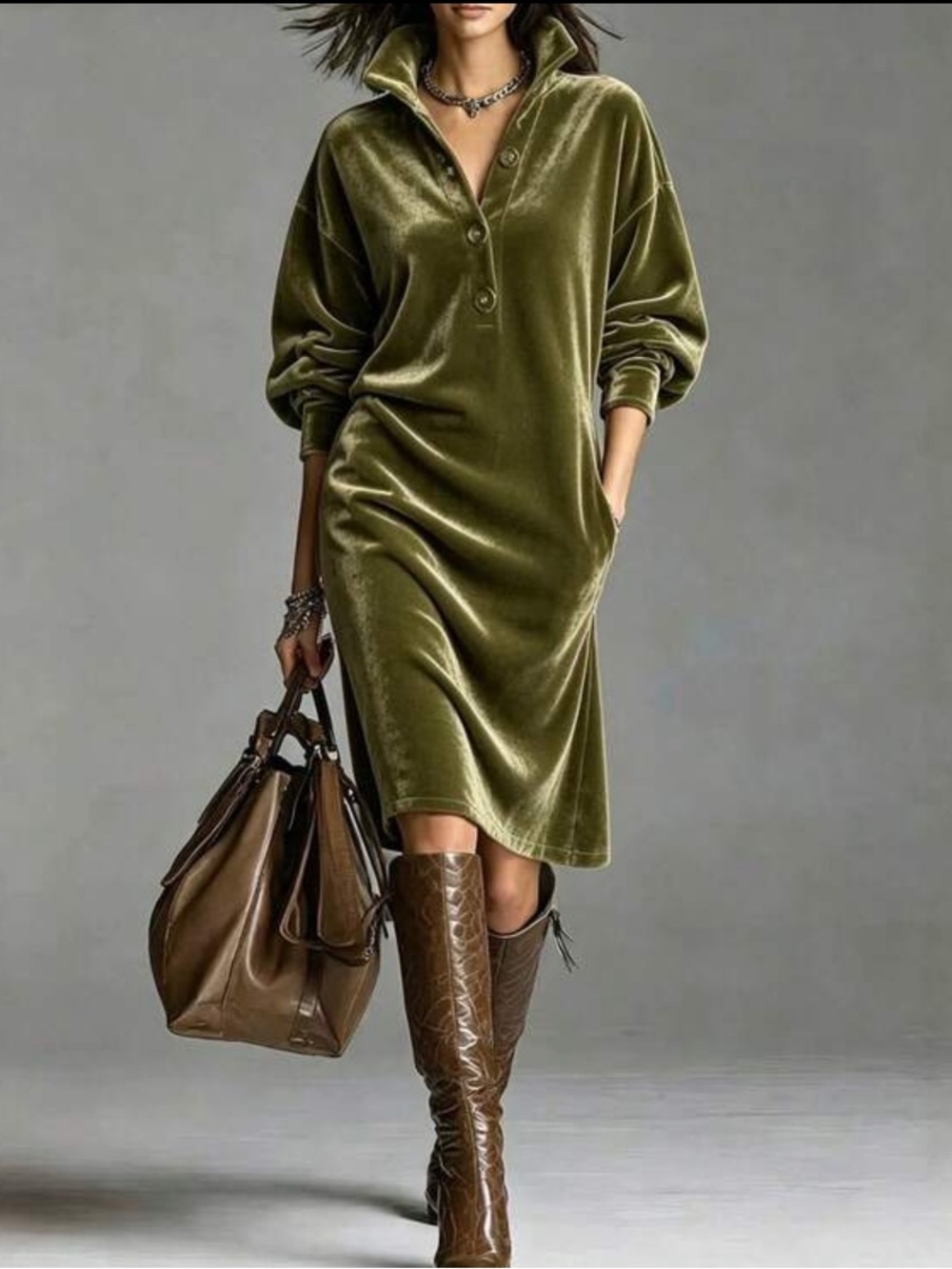 Luxe Velvet Pockets Collared Button Front Holiday Dress Green
